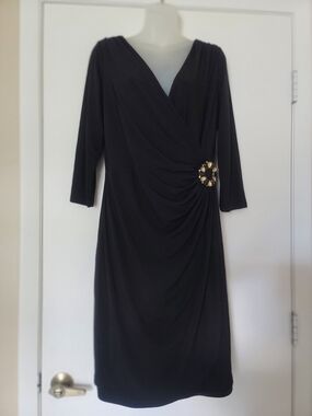 London Times Black Midi Dress with Gold Accent Brooch